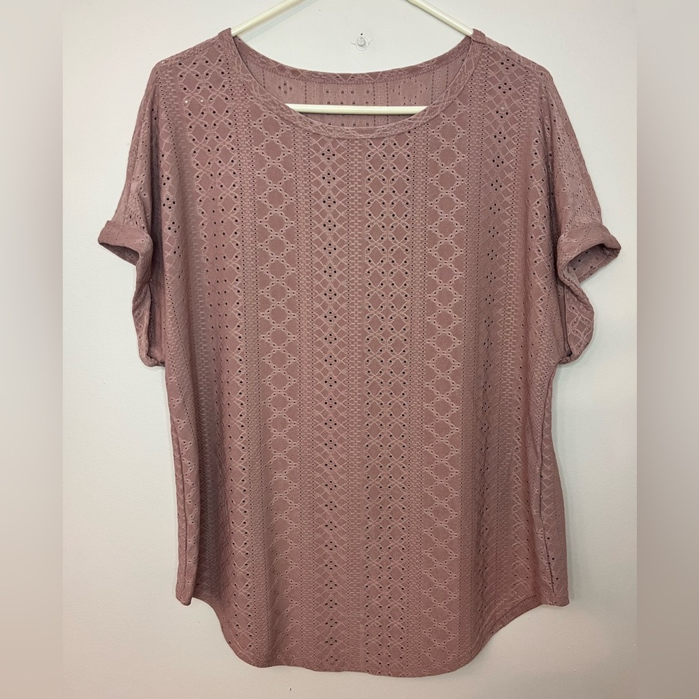 SHEIN Dusty Pink Eyelet Lace Blouse XL Boho Short Sleeve Top
